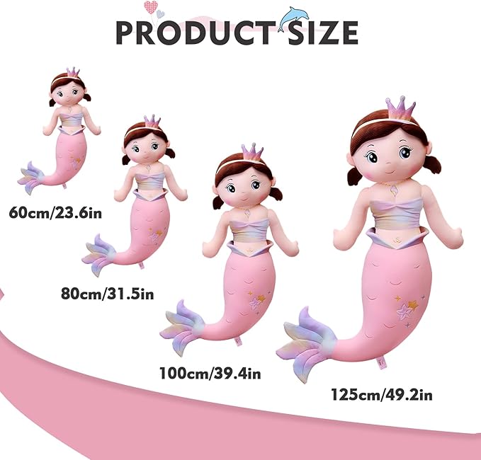 Mermaid Stuffed Animal Plush, 31.5in Cute Soft Pink Hugging Mermaid Plushies Pillow Toys Kawaii Birthday Gift for for Adults Kids Boys Girls