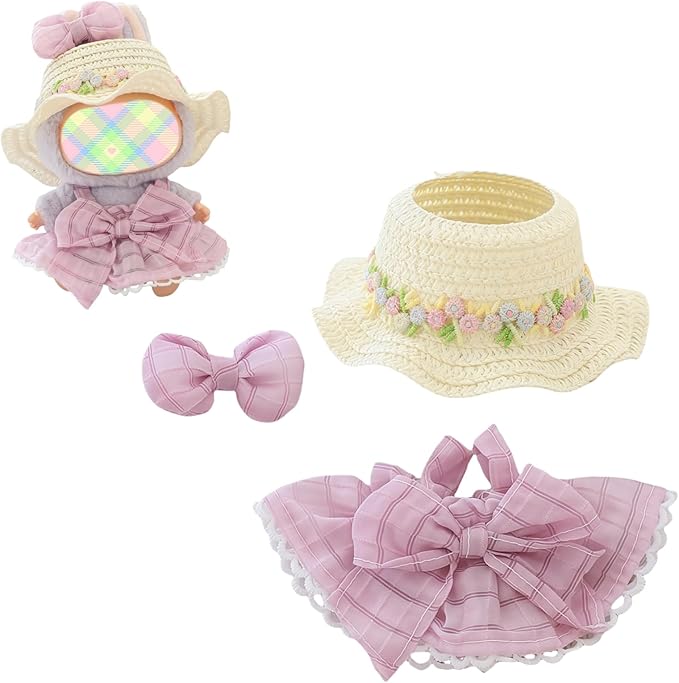 Clothes for Dolls Accessories (No Doll), Kawaii Hat Skirt Outfit Set 3 Pieces for 15cm 17cm Doll Suit, Stylish Bowknot Dolls Hat Clothing Set Replacement Purple