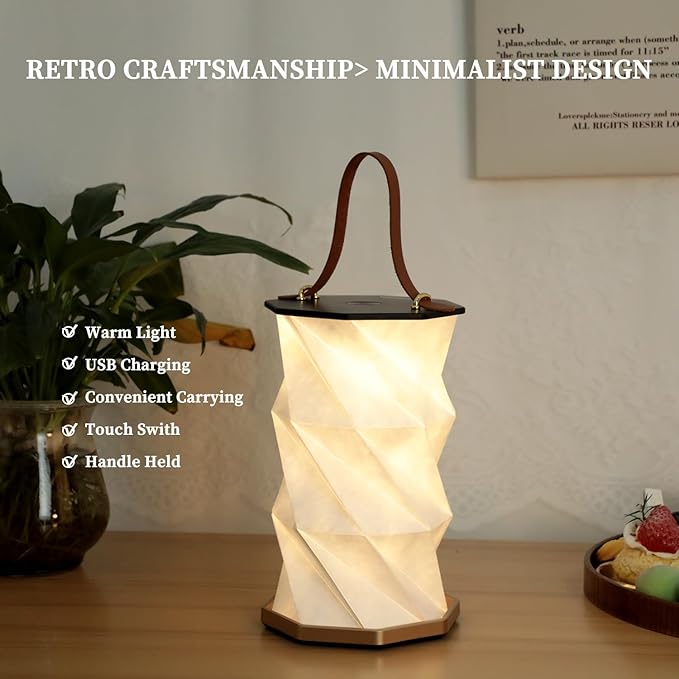Portable Foldable Table Lamp with USB Rechargeable Battery, 3-Level Dimmable Touch Control Night Light, Folding Paper Lantern Light for Home Office Bedroom Reading (Black)