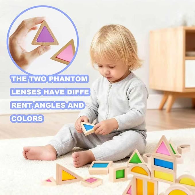 Wooden Rainbow Building Blocks for Kids 48 Pcs Wooden Blocks for Toddlers Rainbow Stacker Stacking Blocks Preschool Educational Toys -Geometry Blocks for Boys Girls