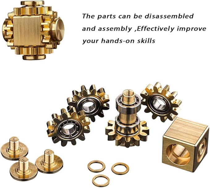 Pure Brass Cube Gears Linkage Anti-Anxiety Fidget Spinner Toy,Metal DIY EDC Meditation Break Bad Habits ADHD Finger Spinning Toy for Kid and Adults High Speed Precision Brass Material