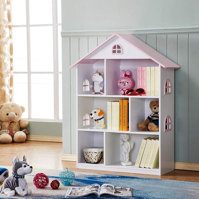 Wooden Dollhouse Bookshelf 3-Tier Doll House Bookcase Kids Books Toys Storage Organizer Shelves for Children's Bedroom Playroom Kindergarten Nursery Gift for Boys Girls Ages 3-8 Years Old