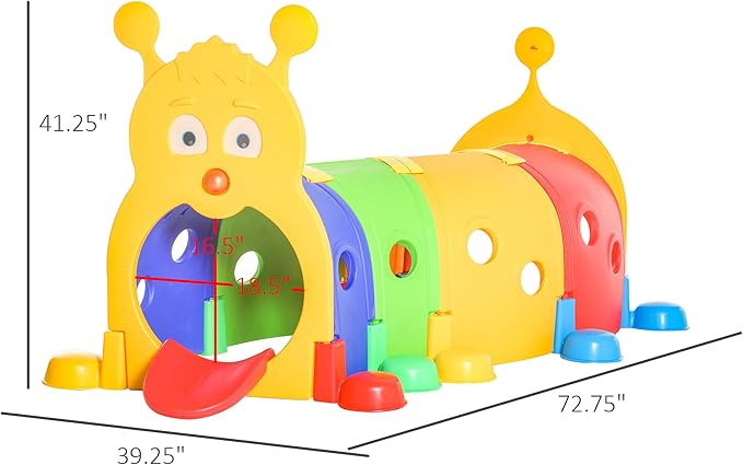 Qaba Caterpillar Tunnel, Toddler Tunnel for Kids Crawl and Climb Through, Kids' Play Structure Indoor Outdoor, 4 Sections, Multicolored
