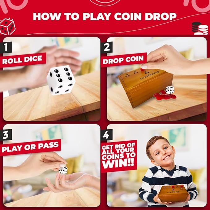 SWOOC Games - Coin Drop™ | Simple + Strategic Dice Games for Families with Coins Included for 2-6 Players | Works W/Pennies Too | Get Rid of Coins to Win | Board Games for Kids | Penny Game Wood Box