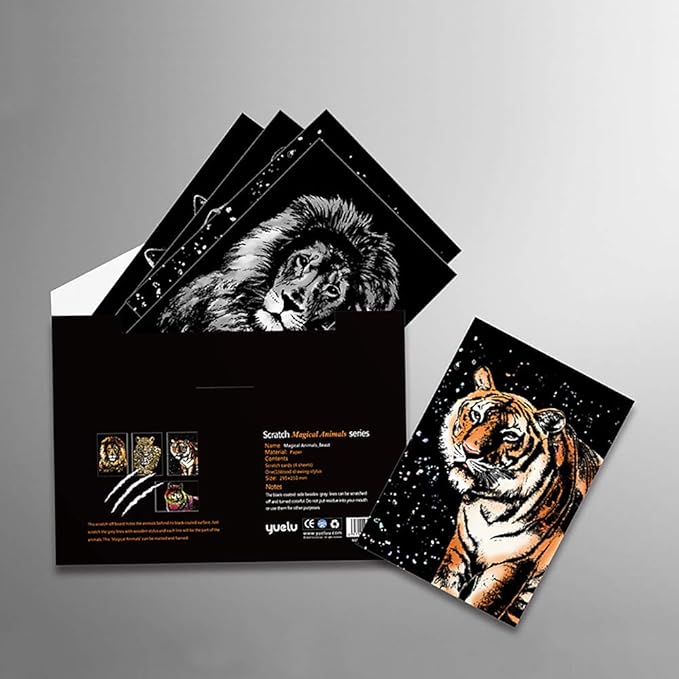 Scratch Art for Kids & Adults, Rainbow Engraving Painting Landscape Scratchboard(A4) Crafts Set: 8 Sheets Scratch Cards with 4 tools - Unicorn/Flamingo/Cat/Deer/Lion/Tiger/Leopard/Wolf(Animal Series)