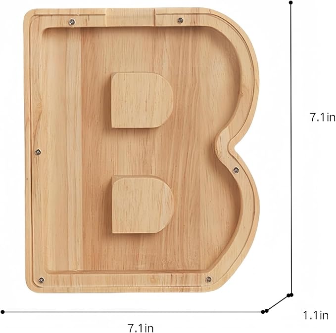 Wooden Alphabet Piggy Bank Clear Acrylic Panel Coin Savings Box Personalized Money Bank for Kids Boys Girls Adults, Birthday Christmas Gift Home Décor(B)