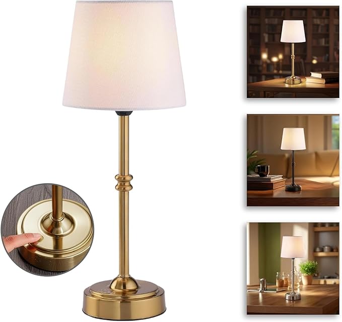 Wireless Table Lamp - Rechargeable LED Desk Lamp with Dimmer, 3 Brightness Levels, Swedish Design for Home, LED Light Bulb Included, for Office, Kitchen or Bedroom (Gold)