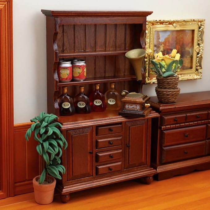 Dollhouse Furniture, Doll Display Cabinet with Drawers 1:12 Scale Miniature Dollhouse Vintage Wooden Bookcase Mini Bookshelf Living Room Dolls & Accessories DIY Decorations for Girls and Boys