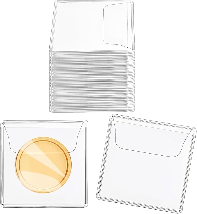 200Pcs Single Pocket Coin Flips Coin Sleeves Holders Clear PVC Coin Protectors Individual Plastic Coin Holders for Coin Currency Bills Collectors Protector (2.2 x 2.2 Inch) (Rectangular) ﻿