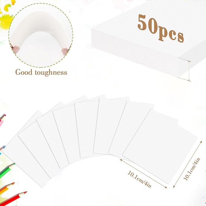 50PCS 4x4 Watercolor Paper Bulk, 140lb/300g Cold Press Thick Water Color Paper Pad for Kid Child Adult, White Art Paper for Drawing Painting Markers Gouache, Textured Cotton Paper Sheets