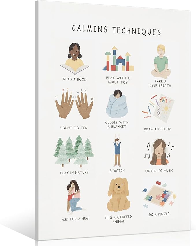 uoyien Calming Corner Classroom Mental health Poster Feelings Calming Techniques Canvas Wall Art Boho Emotions Chart for Kids Prints Special Education Wall Decor for School 12x16in Wood Framed