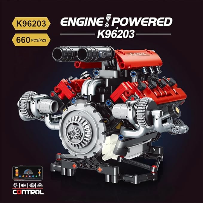 39006 V8 Engine Model Kit, Runnable, Build Your own STEM Visible Mini V8 Engine Model Kit with Lights, Adult and Adolescent Physics Science Experiment Building Block Set (660 Pcs)