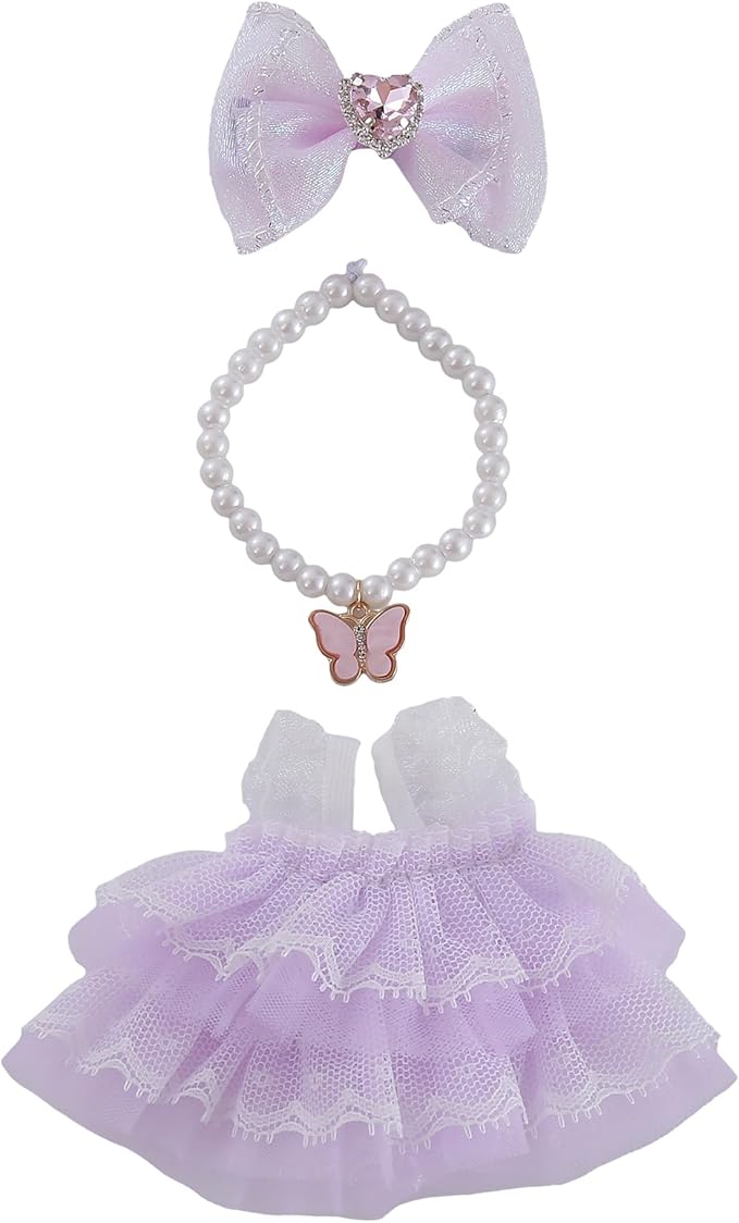 17cm Doll Clothes Set 3-Piece Doll Clothing Set with Purple Dress Necklace and Butterfly Decor Accessories for 17cm Plush Dolls, Clothes Only, No Doll Included