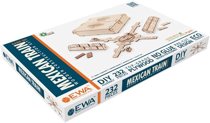 EWA Eco-Wood-Art Mexican Train Domino Game Set - Deluxe Wooden Version with 91 Dominoes, Holders, Locomotives, Station Hub, and Storage Box | Family Board Game