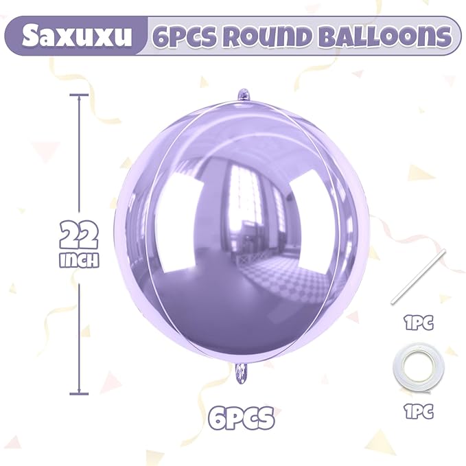 Purple Giant 4D Foil Balloons, 6Pcs Large Metallic Purple Round Balloons, 22 Inch Big Round Foil Balloon for Purple Birthday Party Baby Shower Wedding Decorations