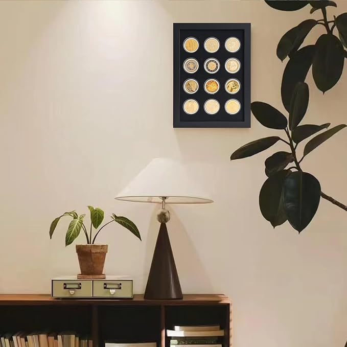 Wooden Challenge Coin Display Shadow Box,12 Coin Display Case,Military Coin Holder Display,Casino Chip Display Case Cabinet Holder,Collector Coin Display Frame ,98% UV Protection,with HD Glass.