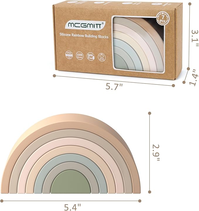 MCGMITT Rainbow Stacking Toy, Silicone Rainbow Stacker for Toddlers, Montessori Nesting Blocks, Building Creative Color Shape Matching Toy Set, 7 Layers (Brown)