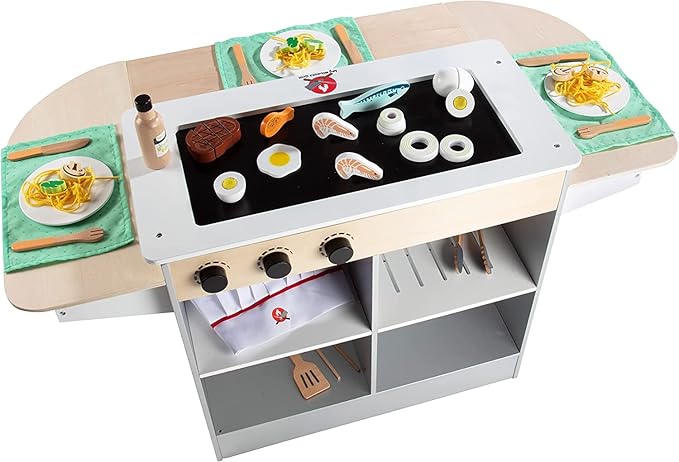 Hibachi Grill Wooden Kids Playset w Stools, Table Settings, 25+ Toy Food Pieces- Noodles Tongs Meats Veggies- Everything Little Chef Needs for Pretend Play, Indoor Japanese Restaurant Stand, Xmas Gift