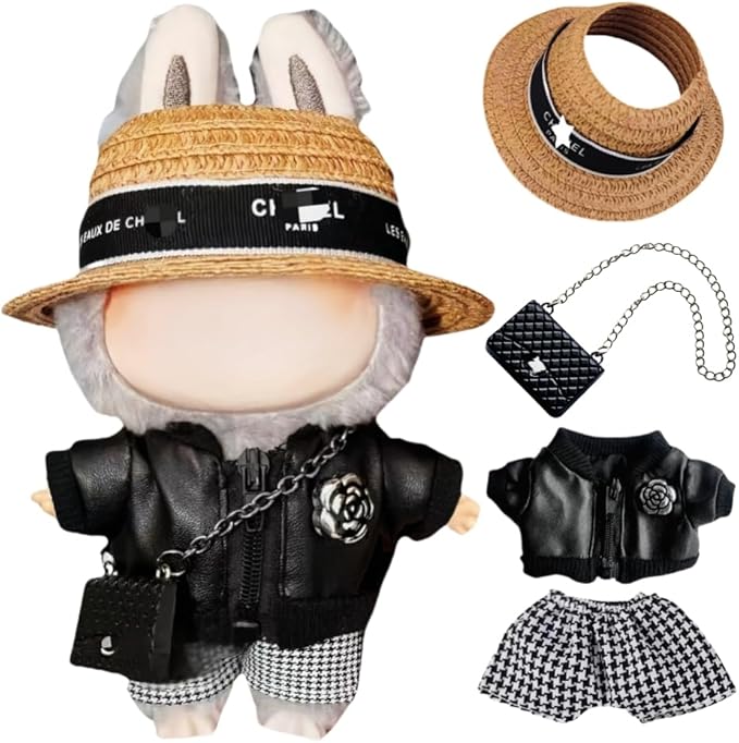 Clothes for Labubu(No Doll) – Cute 4-Piece Straw Hat,Premium Jacket with Chain Bag,Chic Fashion Accessories Set Compatible with 17cm Collectible Figures Stylish Clothes for Boys Girls Birthday