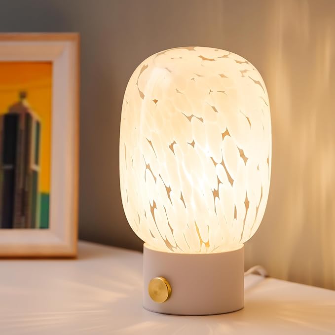 ONEWISH Table Lamp for Bedroom Nightstand,Bedside Lamp Translucent Glass Stepless Dimmable,Vintage Glass Lamp Murano Aesthetic Home Decor with Bulb for Living Room Kitchen Mother's Day