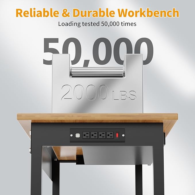 48"x24" Solid Wood & Heavy-Duty Work Bench Workbench, Adjustable Height Work Table with Wheels, Power Outlets and Drawer, 2000 LBS Capacity Workstation Work Benches for Garage, Workshop