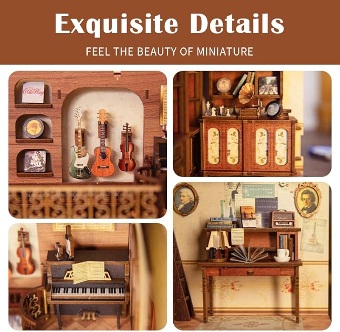 Fsolis Book Nook Kit Music, DIY Miniature Room House Kit 3D Wooden Puzzles for Adult Decorative Bookend Bookshelf Nook Decor Gifts for Women Teens and Book Lovers(The Secret Rythm)