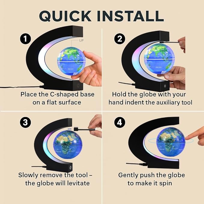 Magnetic Levitating Globe with 7-Color LED Lights, 360° Rotating Floating World Map Lamp, STEM Educational Night Light for Geography Learning, Cool Desk Decor & Unique Gift for Kids & Adults