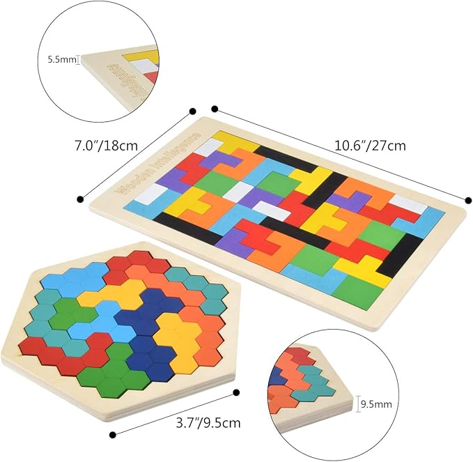 Wooden Puzzle Hexagon Puzzles for Toddlers Tangram Jigsaw Puzzle, Montessori Educational Gift for Kids & Adults