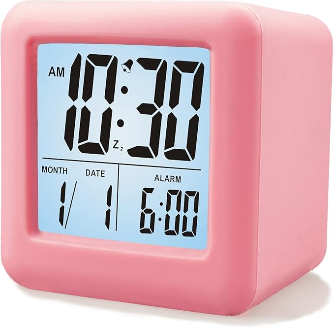 Plumeet Digital Alarm Clock Kids Clock with Snooze and White Nightlight - Easy Setting Travel Alarm Clocks Display Time, Date, Alarm - Ascending Sound - Battery Powered (Baby Pink)