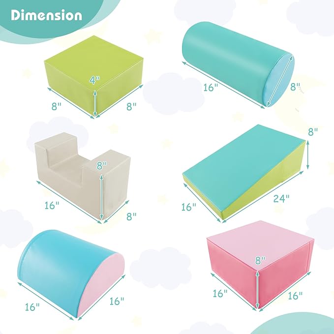 Costzon Toddler Climbing, 6 Pieces Climb and Crawl Playset with PU Cover for Baby Crawling, Climbing & Walking, Indoor Foam Climbing Blocks for Toddlers (Light Green)