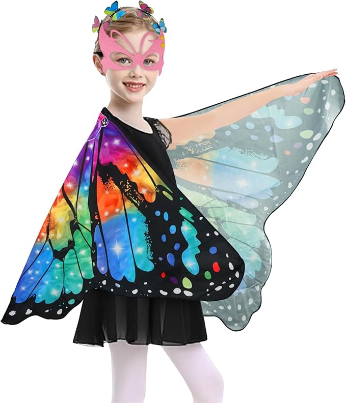 Butterfly Costume for Girls Fairy Wings Kids 4 Pcs(Cape,Skirts,Masks,Hair Clips) Butterfly Wings for Halloween Gifts