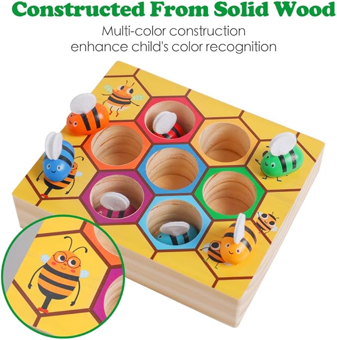 Toddler Fine Motor Skill Toy, Clamp Bee to Hive Matching Game, Montessori Wooden Bee Hive Toys, Wood Color Sorting Puzzle Early Learning Preschool Educational Gift for 3 4 5 Years Old Kids