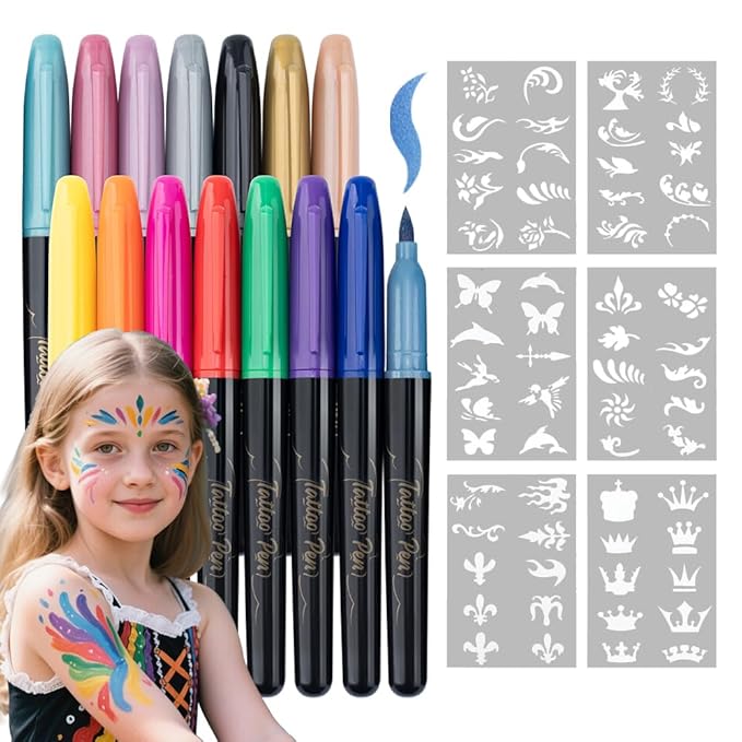 Transon 15 colors Face Painting Marker for Halloween and Makeup Parties Temporary tattoo Painting Body Painting with Brush Tip Including Stencil Stickers