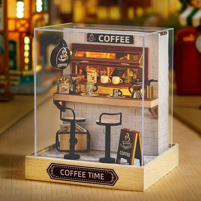 TuKIIE DIY Miniature Dollhouse Kit with Furniture, 1:24 Scale Creative Room Mini Wooden Doll House Plus Dust Proof for Kids Teens Adults(Coffee Time)