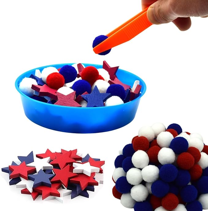 142pcs Fine Motor Skills Counting Sorting Sensory Bin Filler -100pcs Pompoms 30 Pcs Wooden Stars 5 Cups 4 Tweezers 2 Scissors 1pcs Storage Bag for Early Education Train (Blue White)