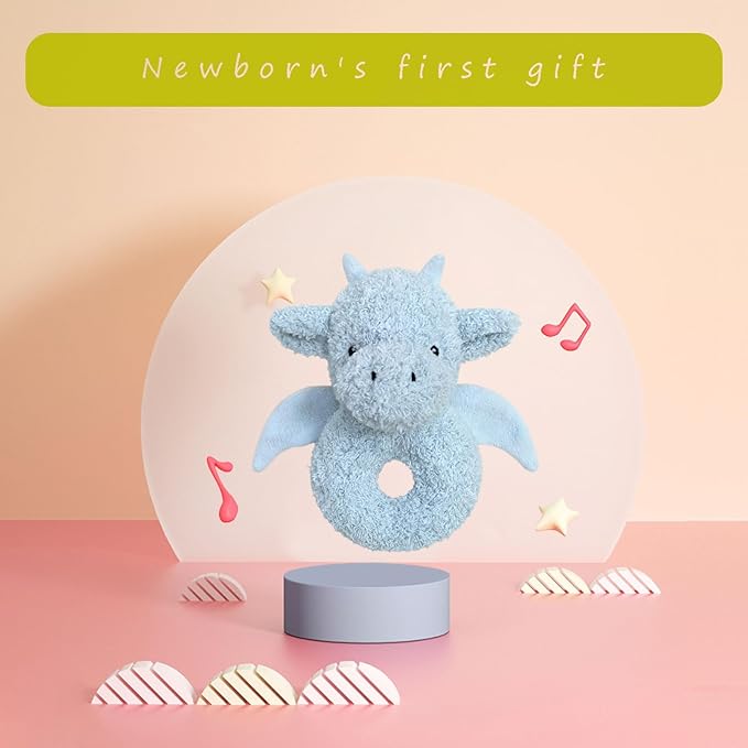 Baby Dragon Soft Rattle Toy, Plush Dinosaur Infant Shaker Rattle Easy-Grasp Stuffed Animal Toy, Gifts for Newborns Babies Toddlers Boys Girls, Blue, 6 Inches
