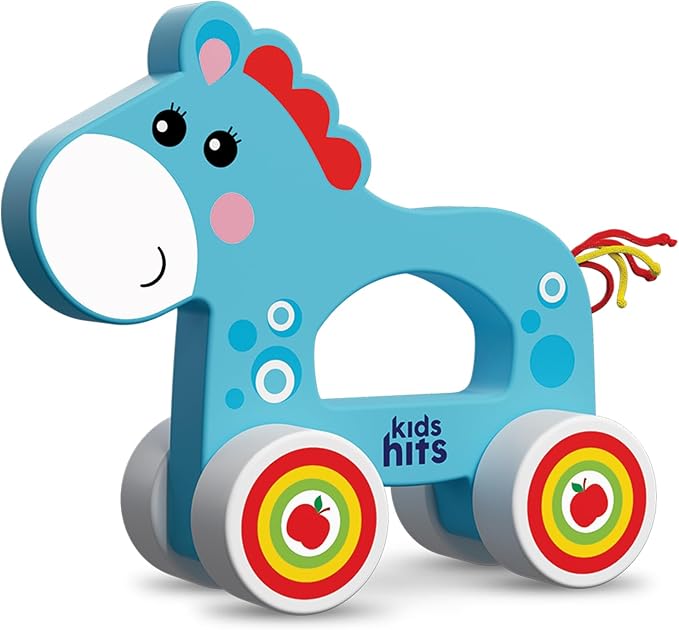 Wooden Pull-Along Horse – Eco-Friendly Toddler Toy with Spinning Wheels & Tactile Tail – Early Learning Toy for 1 Year Old and Up