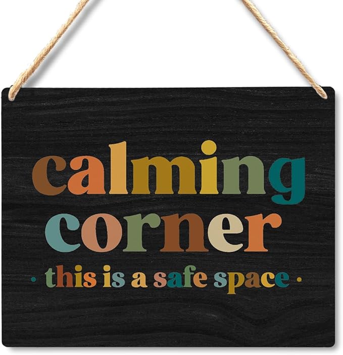 Calming Corner Hanging Wood Sign Plaque - Safe Space Classroom Decor, School Counselor Office Decor, Calm Down Corner Decorations For Classroom Preschool, Boho Classroom Decor(Black), 10x8