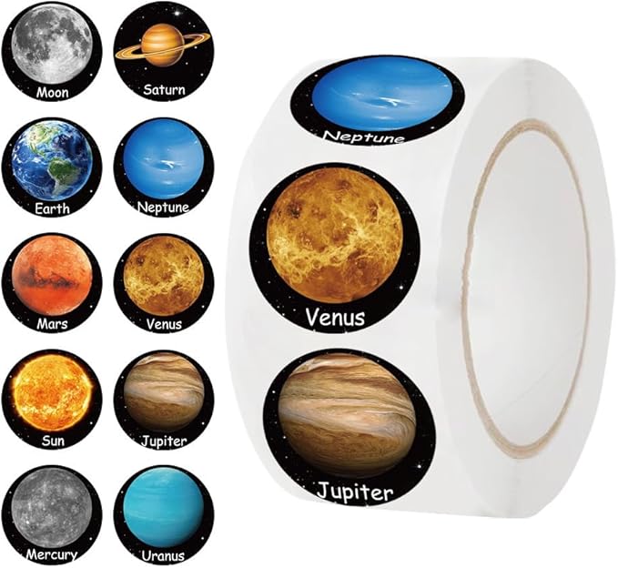 500pcs Cartoon Planet Stickers, 1 Inch Self-Adhesive Cartoon Planet Decals Cool Stickers Planet Stickers Roll for Envelope Books Laptops Bottles Crafts Supplies