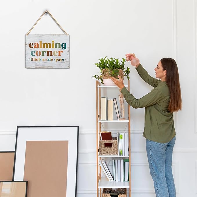 Calming Corner - Safe Space Hanging Wood Sign Plaque, Classroom & Office Decor, Calm Down Corner Decorations, Boho Style(Yellowish White), 10x8