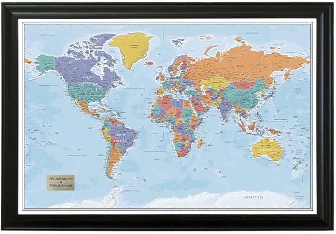 Push Pin Travel Maps - Customizable Blue Oceans World with Black Frame- 27.5" x 39.5" - 8 Handcrafted Frame Options - Made in USA - Ideal for Adventurous Travelers
