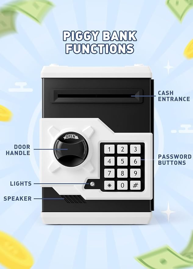 Piggy Bank for Girls Boys Large Electronic Money Coin Banks with Password Protection, Automatic Paper Money Scroll Saving Box, Great Gift for Kids(Black-White)