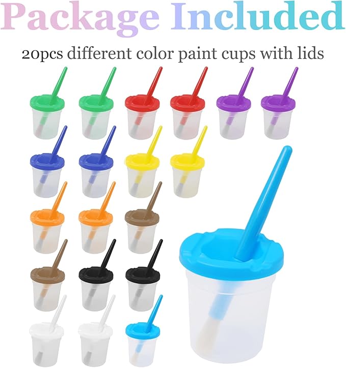 Zilphoba 20pcs Paint Cups with Lids for Kids, 10 Different Color Spill Proof Learning Cups for Young Artist