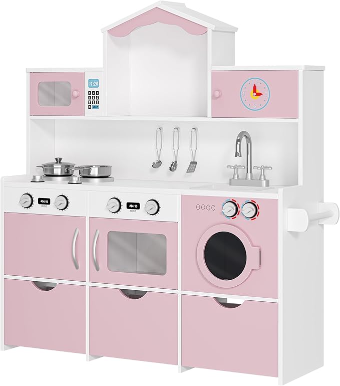 Keyluv Wooden Play Kitchen for Kids and Toddler, Montessori Toy Kitchen Playset with Plenty of Pretend Play Features and Storage Drawers, Gift for Boys and Girls, Pink