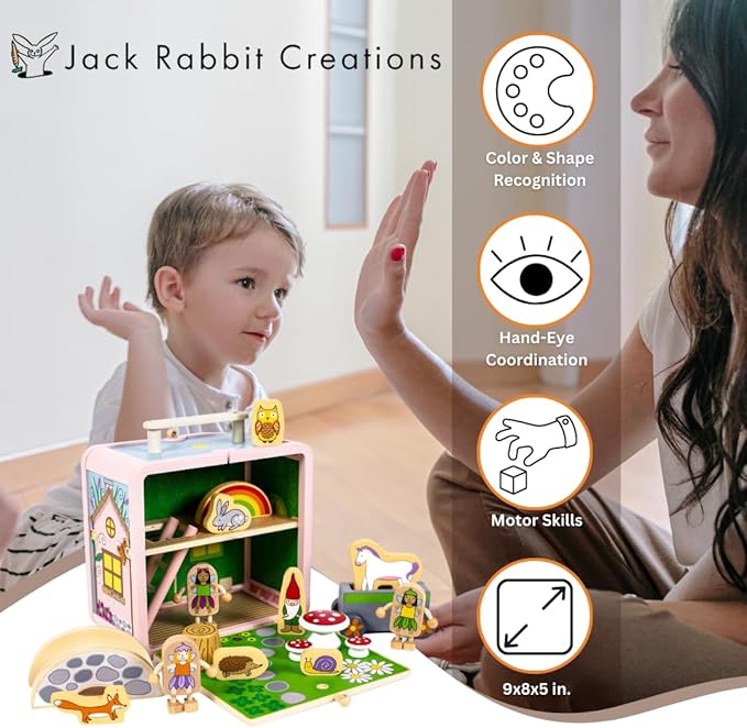 Suitcase Playset(Fairy House) by Jack Rabbit Creations-17 Piece Set-Portable Play Toys-Includes Fairies,Animals ,Gnome Bridge and Car-Made of Eco-Friendly Bamboo- Ages 3+ Years