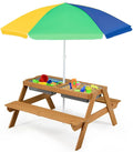 Costzon Kids Picnic Table with Sensory Bins, 4 in 1 Sand and Water Table with Height Adjustable Umbrella, Removable Tabletop, Wooden Kids Outdoor Table for Backyard Patio Play
