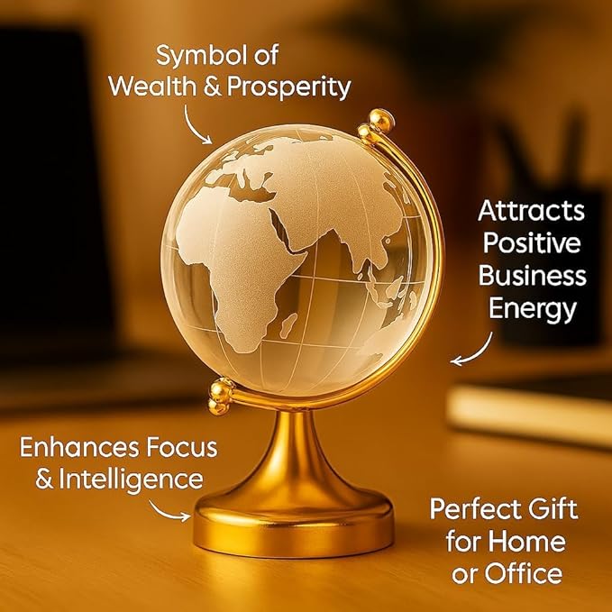 Elegant Crystal Globe with Gold Stand – 3D Decorative World Map, Modern Desk Ornament, Office & Home Decor (Medium)
