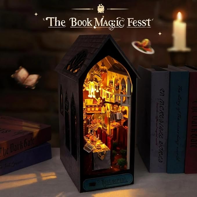 Domigard Book Nook Kit - DIY Miniature House Kit Bookshelf Decor 3D Wooden Dollhouses for Adults Teens LED Book Nook Kits for Adults Unique Birthday Christmas Gift for Family and Friends