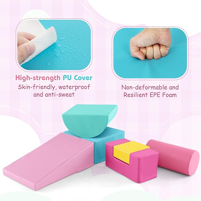 Costzon Toddler Climbing, 6 Pieces Climb and Crawl Playset with PU Cover for Baby Crawling, Climbing & Walking, Indoor Foam Climbing Blocks for Toddlers (Pink)