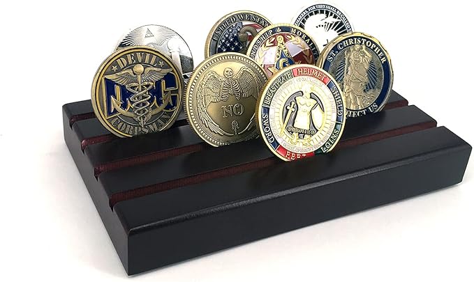 Glamtune 4 Rows Coin Holder,Challenge Coin Display Stand Rack Military Coin Holder (Wood )